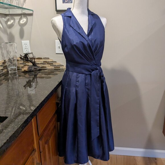 Evan Picone Belted Faux Wrap Dress Womens Size 6 Royal Blue Navy Cocktail Midi - Picture 3 of 5
